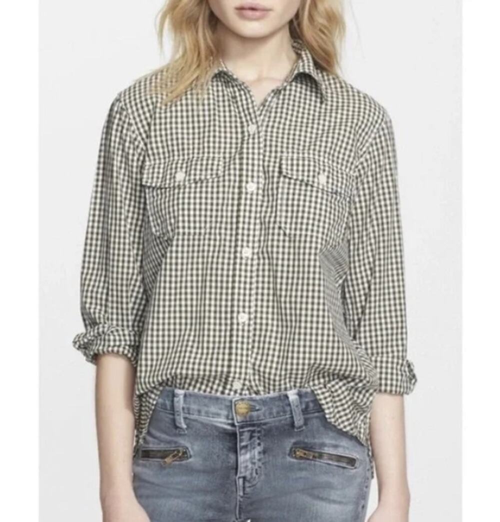 Current/Elliott The Perfect Shirt Womens Size 0 XS Army Green Gingham Preppy Top